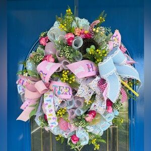 Spring Floral Easter Wreath with Pink and Blue Accents